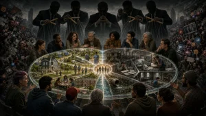 A large group of people gathers around a circular visual of community scenarios while shadowy figures above pull strings like puppet masters, surrounded by social media reactions and urban scenes.