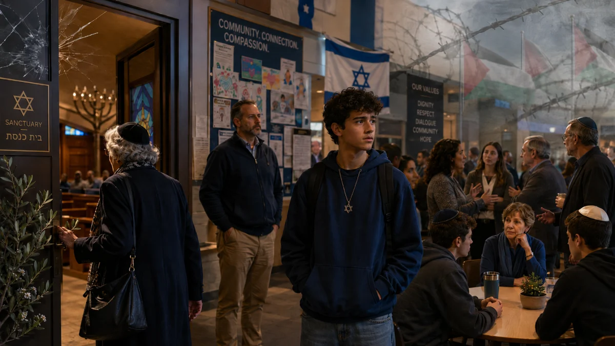 People standing and talking inside a synagogue lobby with Hebrew signage, an Israeli flag, and community bulletin boards.