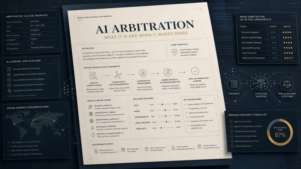 A printed infographic titled AI Arbitration with charts, process steps, and legal considerations laid out on a dark desk background.