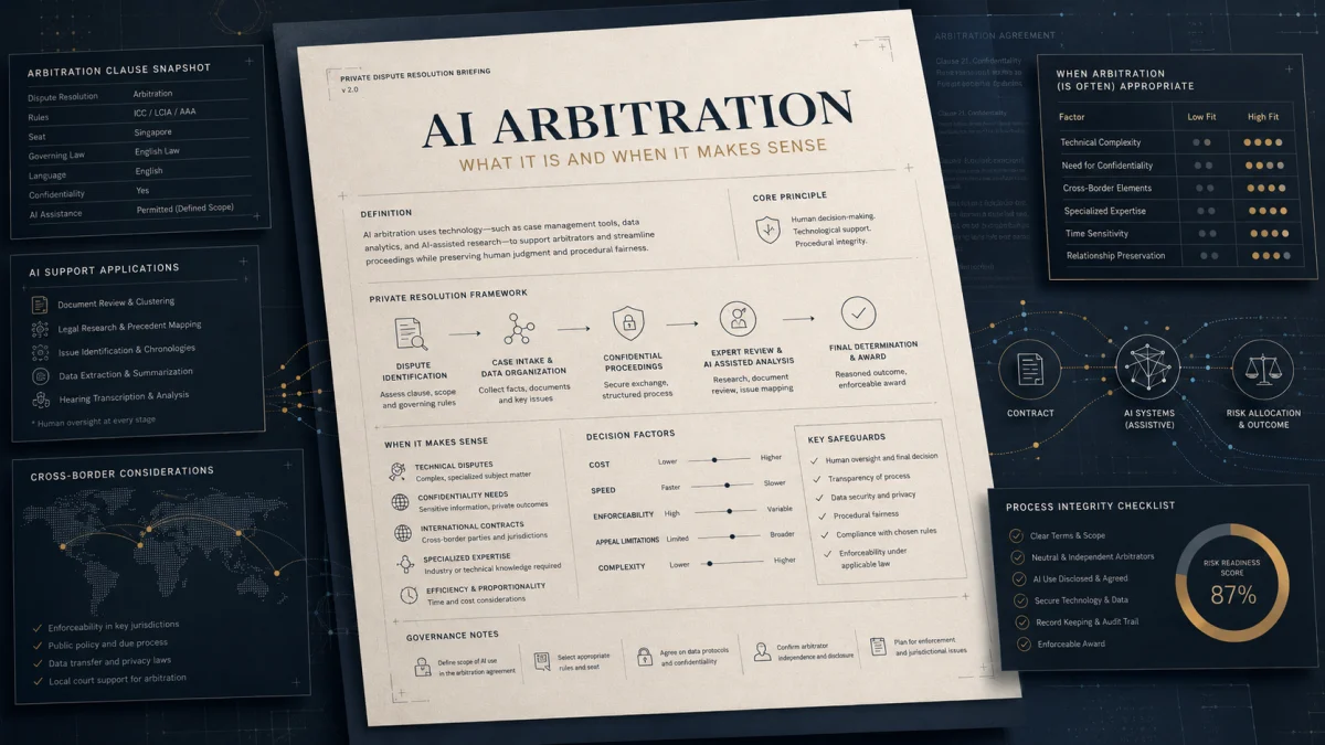 A printed infographic titled AI Arbitration with charts, process steps, and legal considerations laid out on a dark desk background.