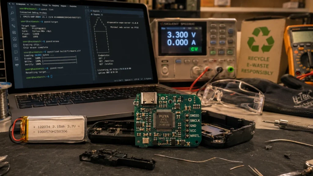 A laptop running code next to a circuit board, battery, soldering tools, and test equipment on a cluttered electronics workbench.