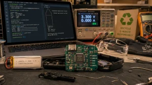 A laptop running code next to a circuit board, battery, soldering tools, and test equipment on a cluttered electronics workbench.