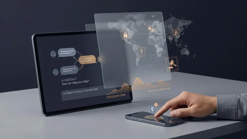 A hand taps a smartphone beside a tablet showing an AI assistant interface, chat bubbles, and legal dispute icons over a world map graphic.