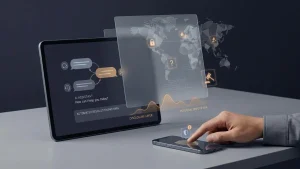 A hand taps a smartphone beside a tablet showing an AI assistant interface, chat bubbles, and legal dispute icons over a world map graphic.