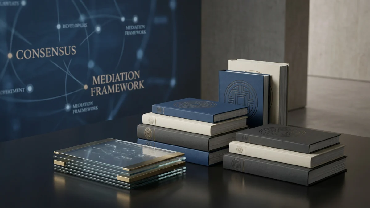 Stacks of branded books and glass panels beside a backdrop reading consensus and mediation framework.