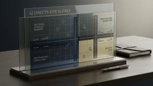 A glass tabletop display labeled AI Dispute Risk Matrix with technical evidence markers, strategic risk framework, and decision axes on a desk beside a notebook and pen.