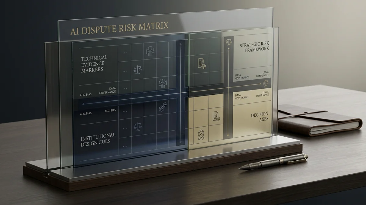 A glass tabletop display labeled AI Dispute Risk Matrix with technical evidence markers, strategic risk framework, and decision axes on a desk beside a notebook and pen.