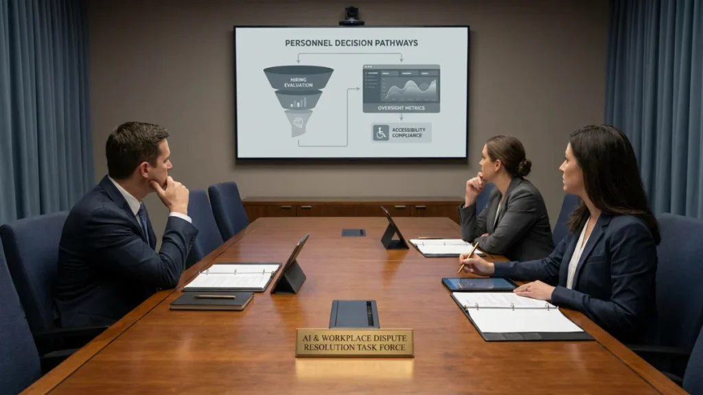 Three business professionals in a conference room reviewing a presentation about personnel decision pathways and AI oversight metrics.