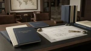 Books and documents about AI governance policy and oversight arranged on a conference table.