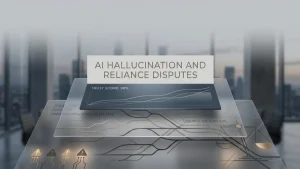 A conceptual graphic showing layered data panels labeled with AI hallucination and reliance dispute terms over a blurred city skyline.