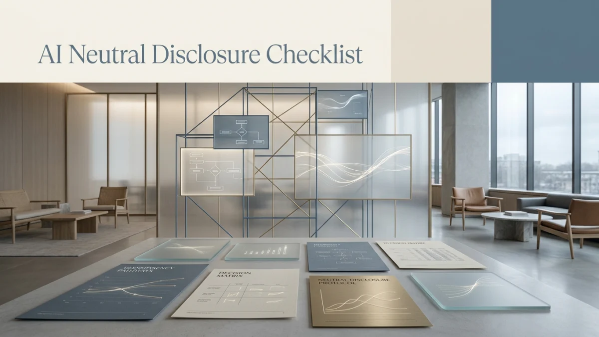 Presentation board titled AI Neutral Disclosure Checklist displayed in a modern office lounge with charts, diagrams, and documents on a table.