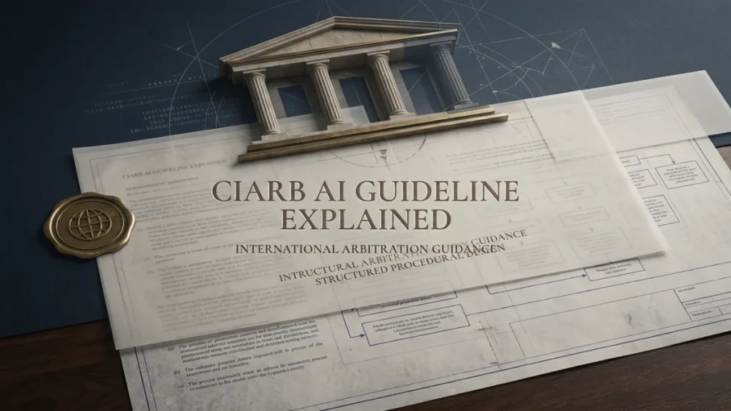 A legal-themed illustration with a courthouse icon overlaid on a document titled CIARB AI Guideline Explained.