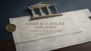 A legal-themed illustration with a courthouse icon overlaid on a document titled CIARB AI Guideline Explained.