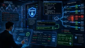 A man monitors a futuristic server security dashboard showing Fail2Ban status, banned IP addresses, and network traffic flow with blocked and allowed connections.