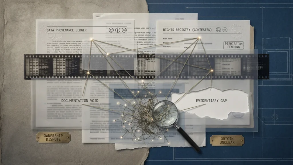 Collage of legal and archival documents labeled data provenance ledger, rights registry contested, documentation void, evidentiary gap, ownership dispute, and origin unclear, with film strips, connected lines, and a magnifying glass.