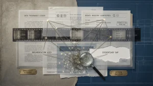 Collage of legal and archival documents labeled data provenance ledger, rights registry contested, documentation void, evidentiary gap, ownership dispute, and origin unclear, with film strips, connected lines, and a magnifying glass.