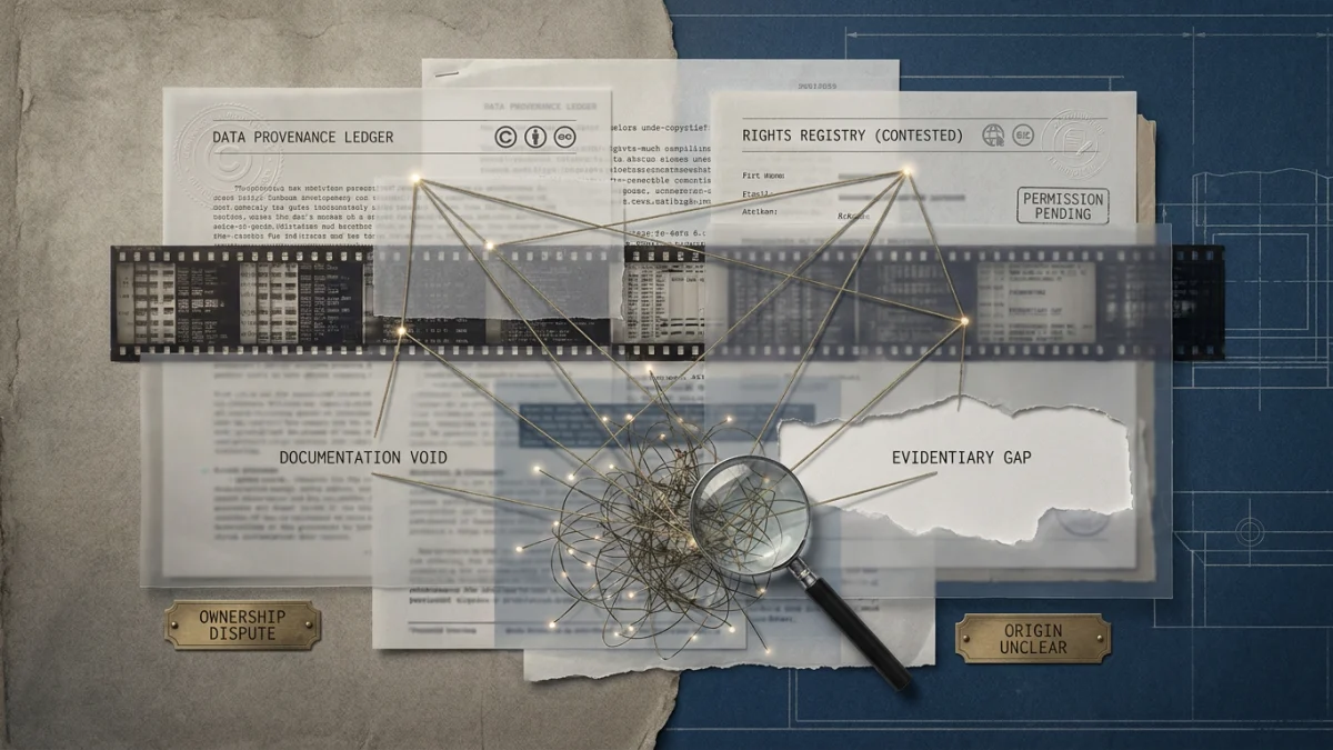 Collage of legal and archival documents labeled data provenance ledger, rights registry contested, documentation void, evidentiary gap, ownership dispute, and origin unclear, with film strips, connected lines, and a magnifying glass.