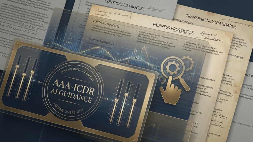 A stylized document graphic labeled "AAA-ICDR AI Guidance" overlaid on papers titled "Fairness Protocols" and "Transparency Standards," with a hand tapping a gear icon.