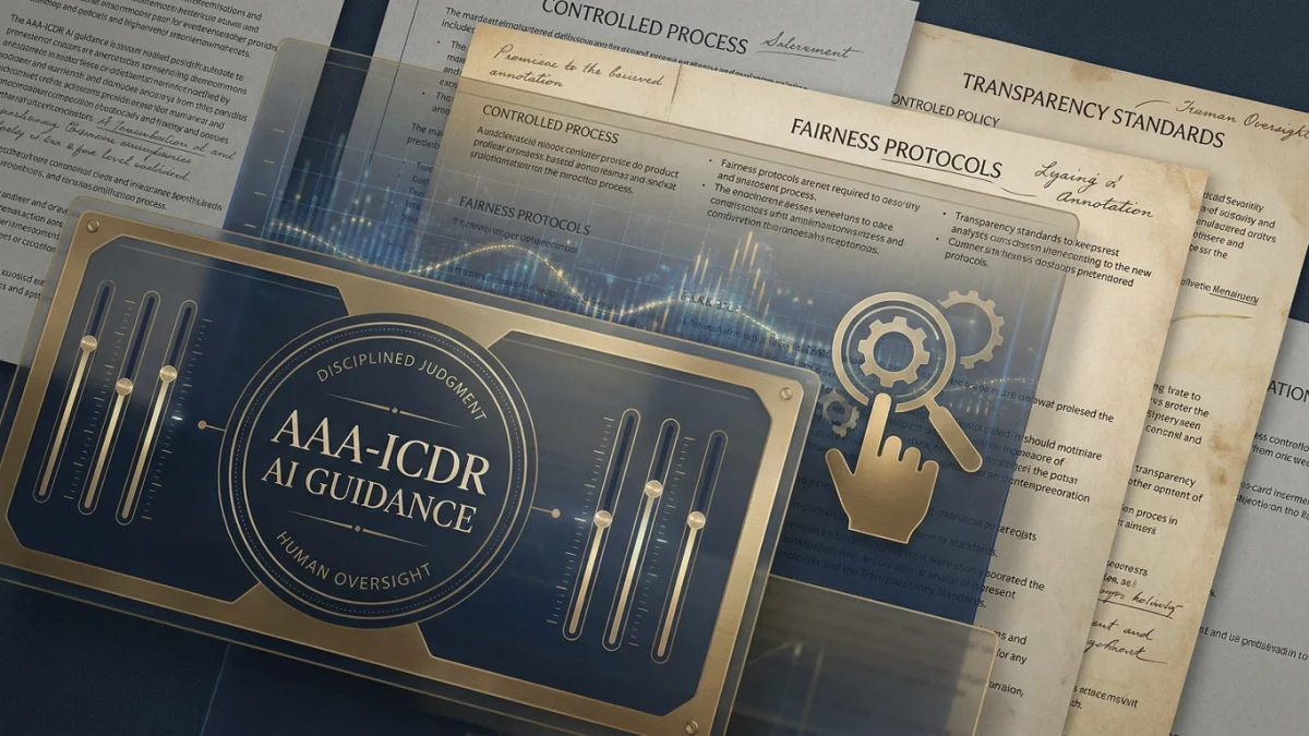 A stylized document graphic labeled "AAA-ICDR AI Guidance" overlaid on papers titled "Fairness Protocols" and "Transparency Standards," with a hand tapping a gear icon.