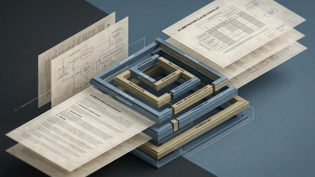 An isometric 3D diagram showing layered legal documents and decision nodes, including arbitration clause checklists and contract pages.