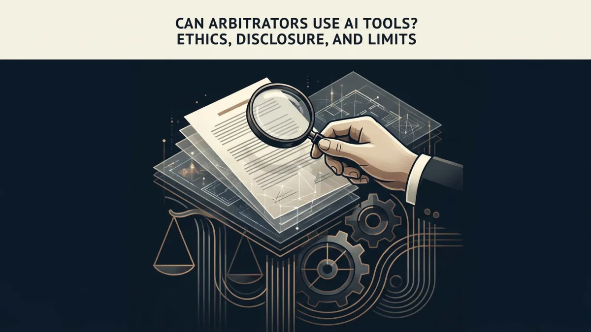 Illustration of a hand holding a magnifying glass over legal documents with scales of justice and gears, under the headline 'Can Arbitrators Use AI Tools?'