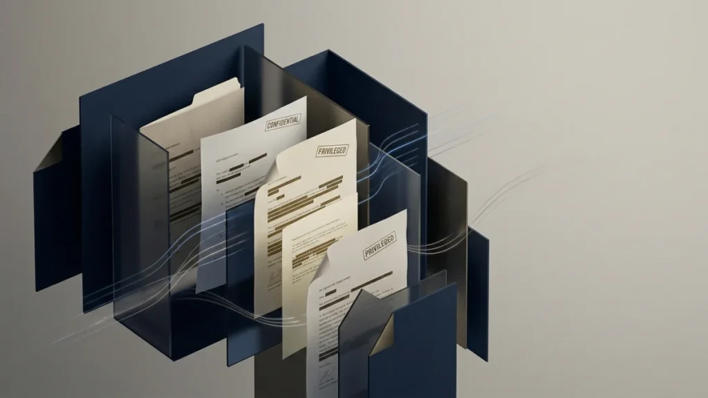 Stack of confidential and privileged documents inside dark blue folders with flowing lines suggesting data movement.