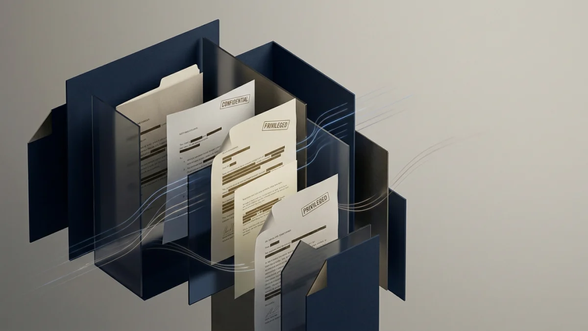 Stack of confidential and privileged documents inside dark blue folders with flowing lines suggesting data movement.