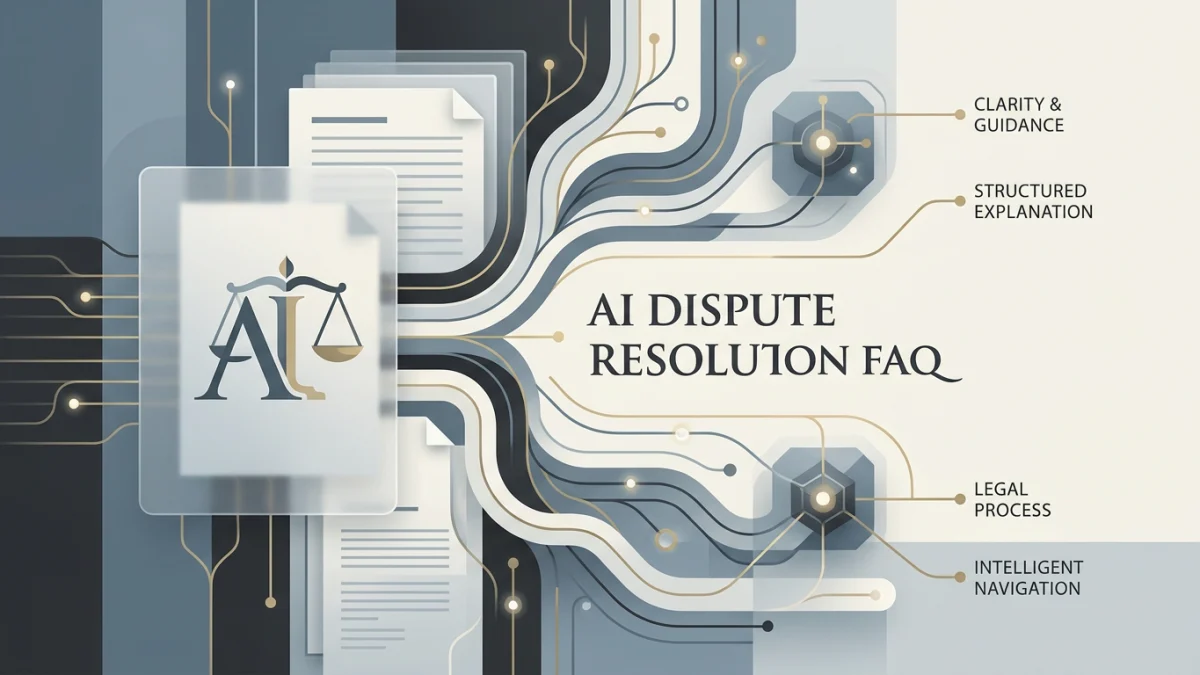 Stylized graphic of documents and an AI law icon with the text AI Dispute Resolution FAQ and labels for clarity, guidance, legal process, and intelligent navigation.