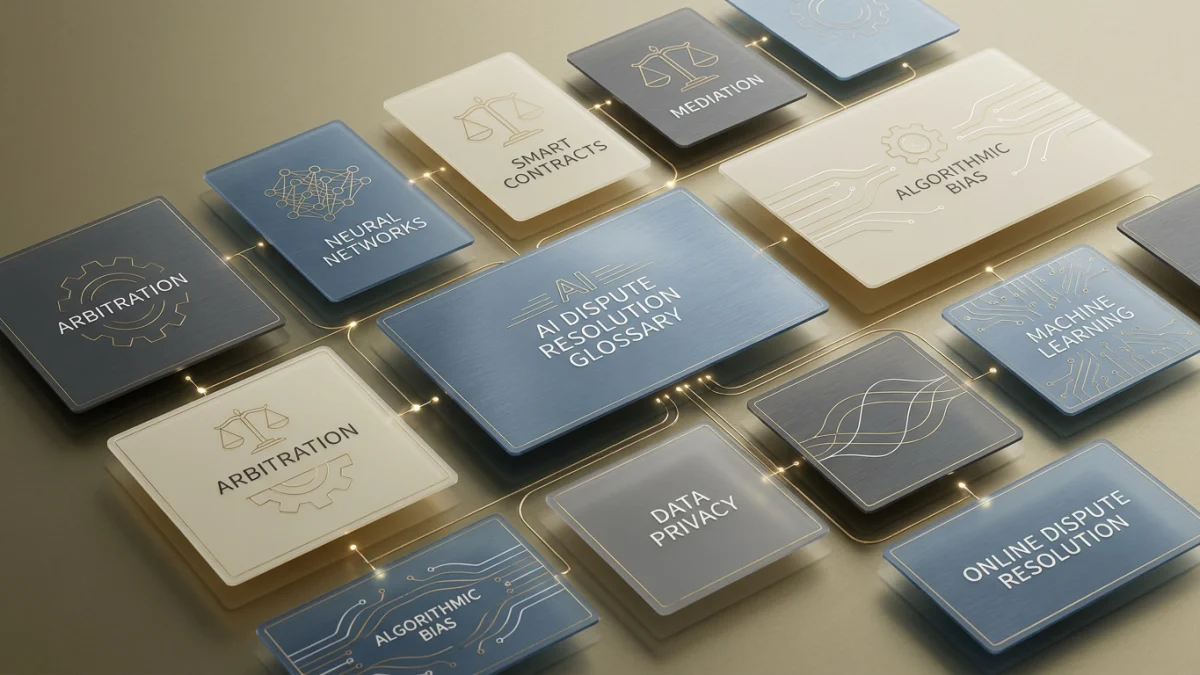 A stylized arrangement of labeled tiles about AI dispute resolution topics such as arbitration, mediation, smart contracts, algorithmic bias, machine learning, and data privacy.
