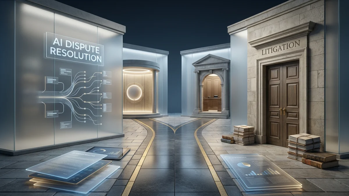 A conceptual scene showing an AI dispute resolution pathway beside a traditional litigation courthouse door, with legal documents and stacked case files.
