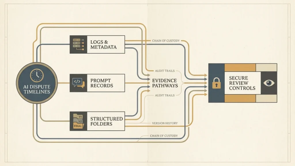 Flowchart showing AI dispute timelines, logs and metadata, prompt records, structured folders, evidence pathways, and secure review controls connected by chain-of-custody and audit-trail lines.