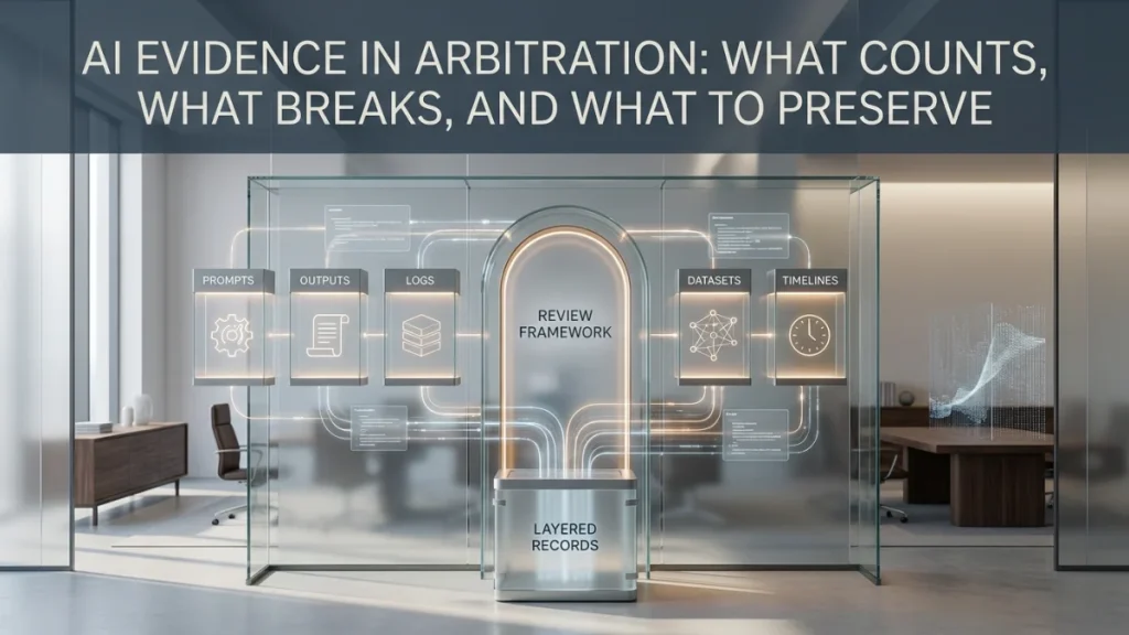 Glass office display showing an AI evidence framework with labeled panels for prompts, outputs, logs, datasets, and timelines.