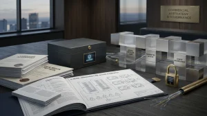 A desk scene with AI governance documents, a secure box, a padlock, and metallic block structures labeled with access and boundary terms.