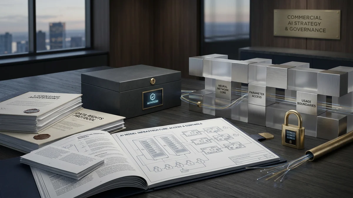 A desk scene with AI governance documents, a secure box, a padlock, and metallic block structures labeled with access and boundary terms.
