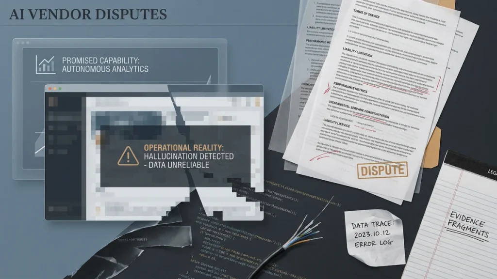 Illustration of an AI vendor dispute with error-filled documents, a broken analytics screen, and a stamp labeled dispute.