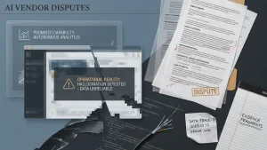 Illustration of an AI vendor dispute with error-filled documents, a broken analytics screen, and a stamp labeled dispute.