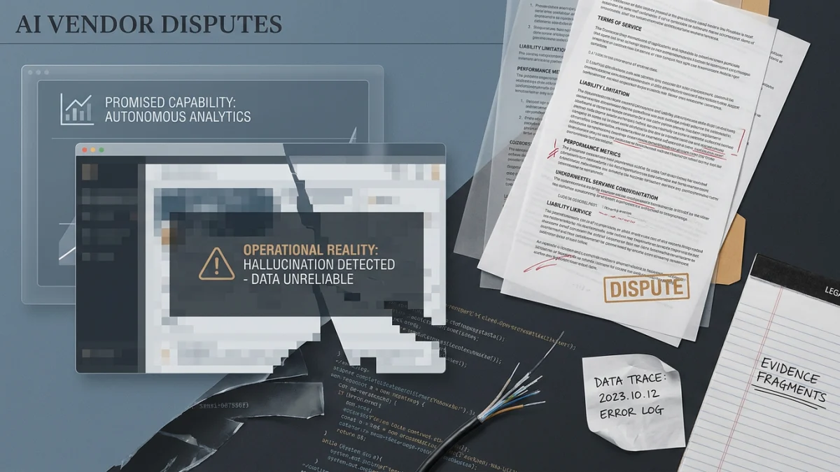 Illustration of an AI vendor dispute with error-filled documents, a broken analytics screen, and a stamp labeled dispute.