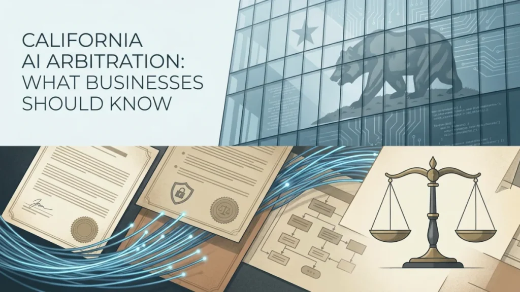 Graphic with the text California AI Arbitration: What Businesses Should Know, alongside legal documents, a scales of justice icon, and a California bear on a glass building.