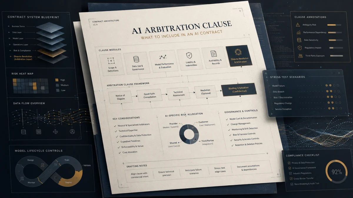 A dark-themed legal infographic centered on a document titled AI Arbitration Clause, surrounded by panels showing contract system blueprint, risk heat map, stress test scenarios, and compliance checklist.