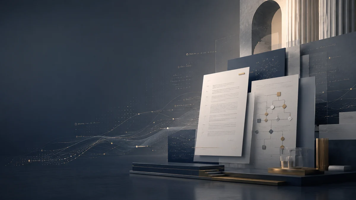 Abstract presentation boards and flowchart diagrams in a modern dark interior with glowing data lines.