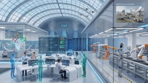 A high-tech laboratory with human staff, holographic figures, robotic arms, and digital dashboards under a glass-domed ceiling.