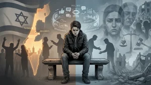 Illustration of a distressed man sitting on a bench between imagery of Israel, social media debate, antisemitism, and war damage.