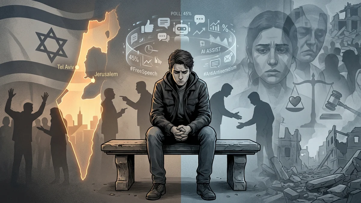 Illustration of a distressed man sitting on a bench between imagery of Israel, social media debate, antisemitism, and war damage.