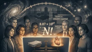 An illustrated group of diverse people gathered around a glowing scale balancing stacked documents and a heart, with galaxies, equations, and disputed data in the background.