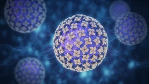 3D illustration of a purple spherical virus particle with spike-like proteins against a blue microscopic background.