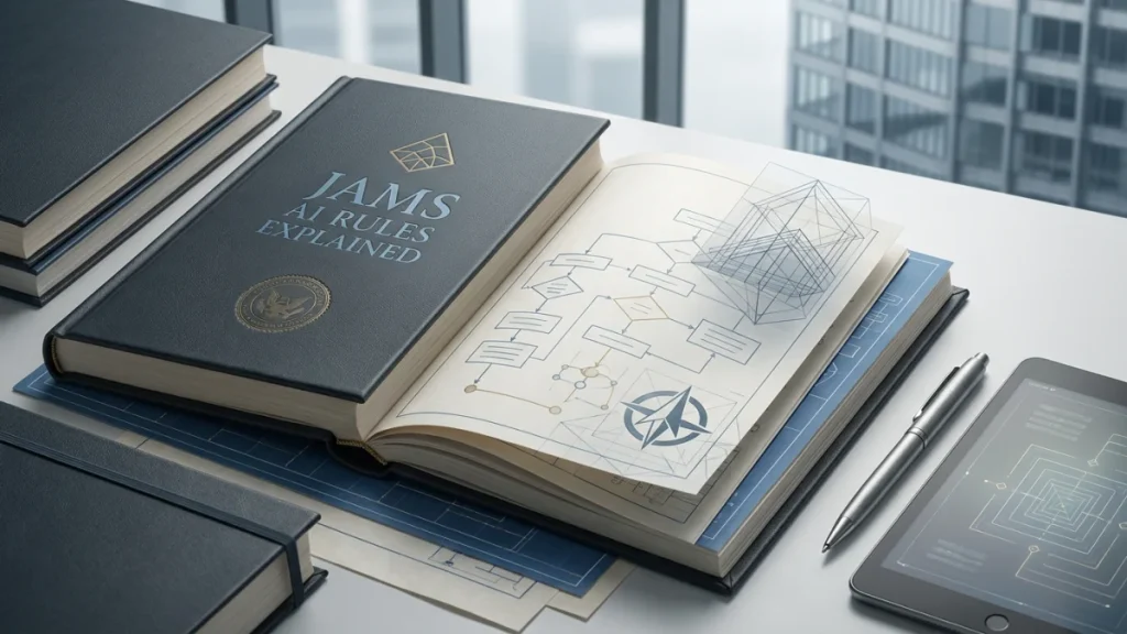 Open book titled JAMS AI Rules Explained on a desk with a pen, tablet, and stacked books nearby