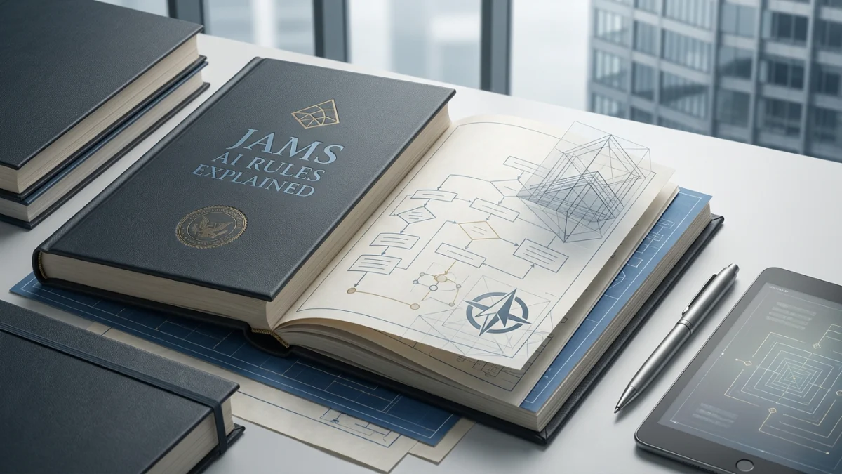 Open book titled JAMS AI Rules Explained on a desk with a pen, tablet, and stacked books nearby