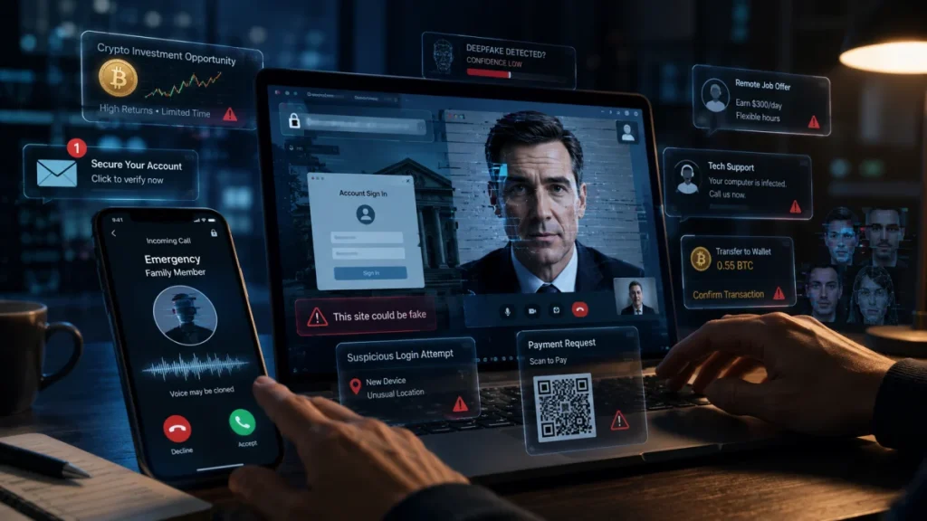 A person uses a laptop and smartphone surrounded by warning overlays about crypto scams, fake logins, deepfake calls, tech support fraud, and payment requests.