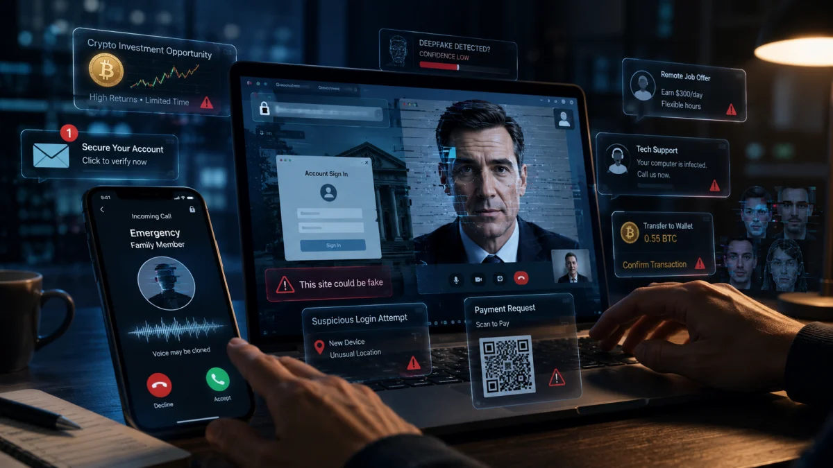 A person uses a laptop and smartphone surrounded by warning overlays about crypto scams, fake logins, deepfake calls, tech support fraud, and payment requests.