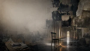 A dim, ruined corridor lined with faded historical photographs, a lone chair in the foreground, and a distant figure at the far end.